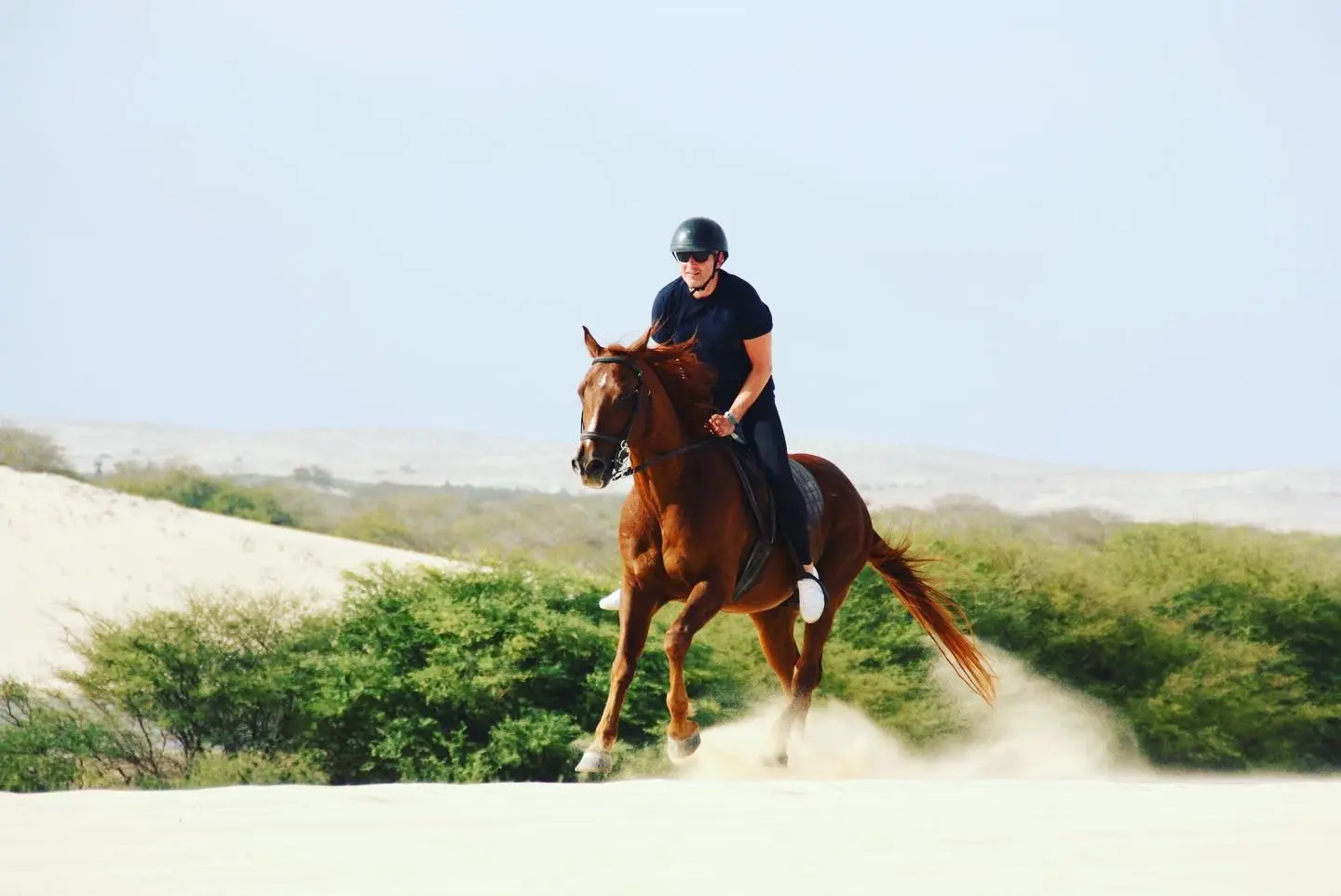 Rider cantering a chestnut horse across soft sand