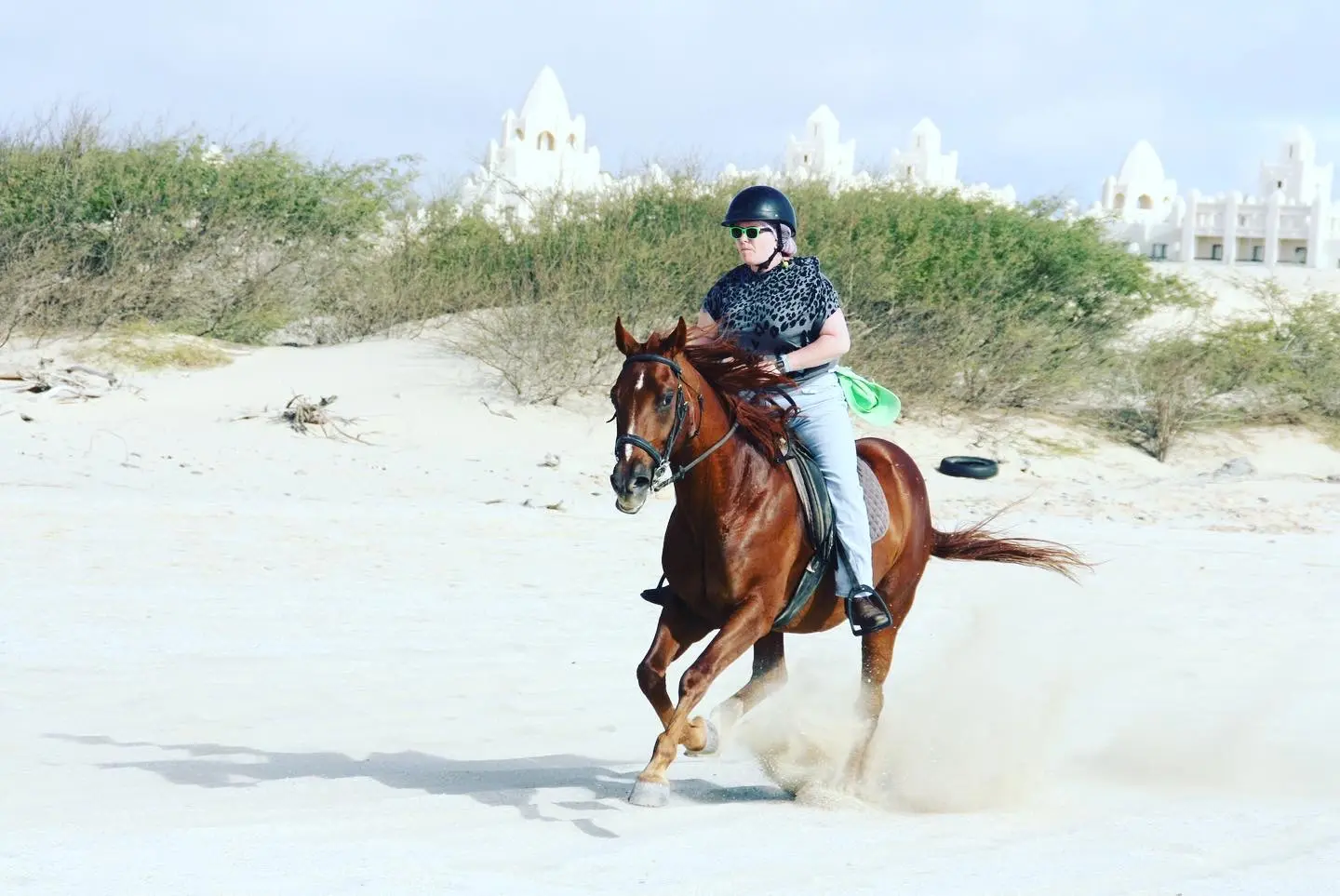 Experienced rider galloping a chestnut horse through the dunes